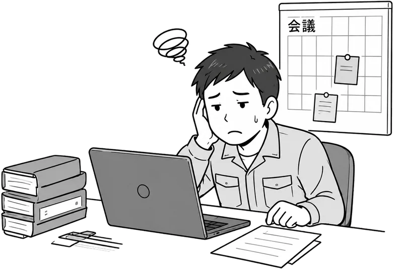 書類に囲まれ、ノートパソコンの前で頭を抱える担当者