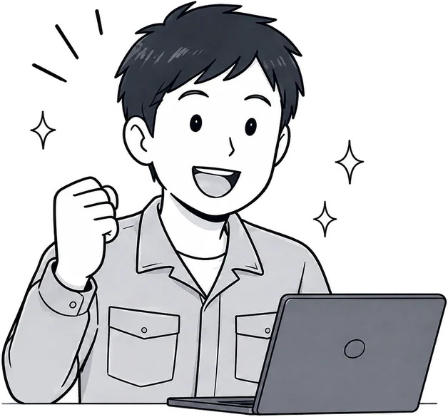 ノートパソコンの前でガッツポーズをする担当者