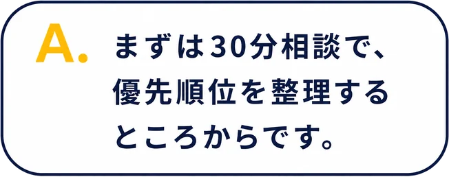 A. まずは30分相談で、優先順位を整理するところからです。