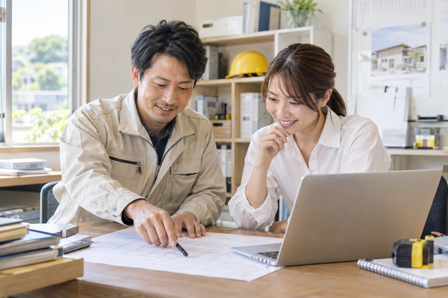 図面とパソコンで仕事を確認する風景のイメージ